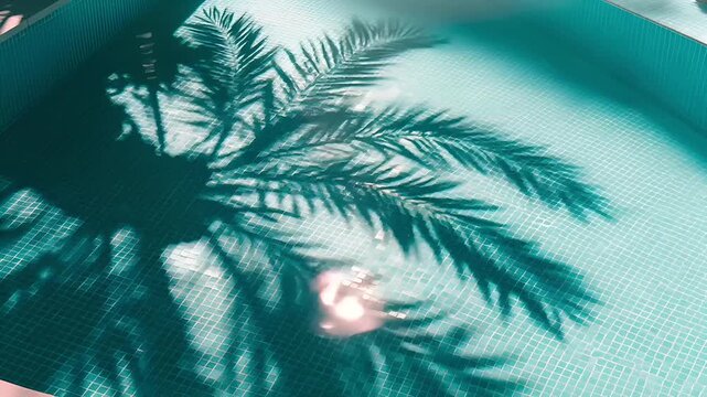 Summer hot vibe lifestyle. A closeup shot of a swimming pools edge reveals a vibrant turquoise tiled surface. The pools water is clear, reflecting the surrounding environment. A palm trees long.