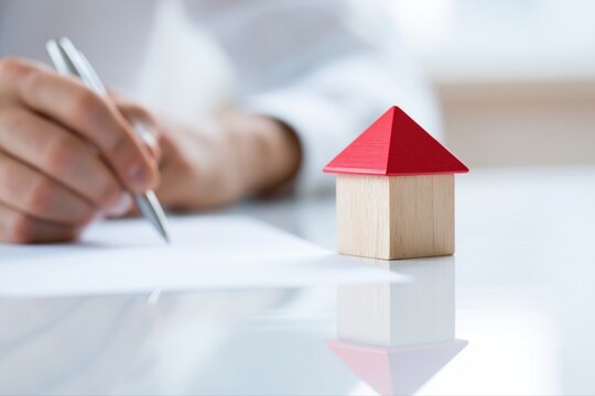 Close up of person signing document near small wooden house, representing real estate transaction or homeownership concept