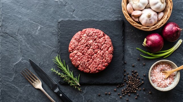 Raw ground beef burger patty on black stone board with garlic onions rosemary and peppercorns ingredients for cooking meat on dark slate background top view.