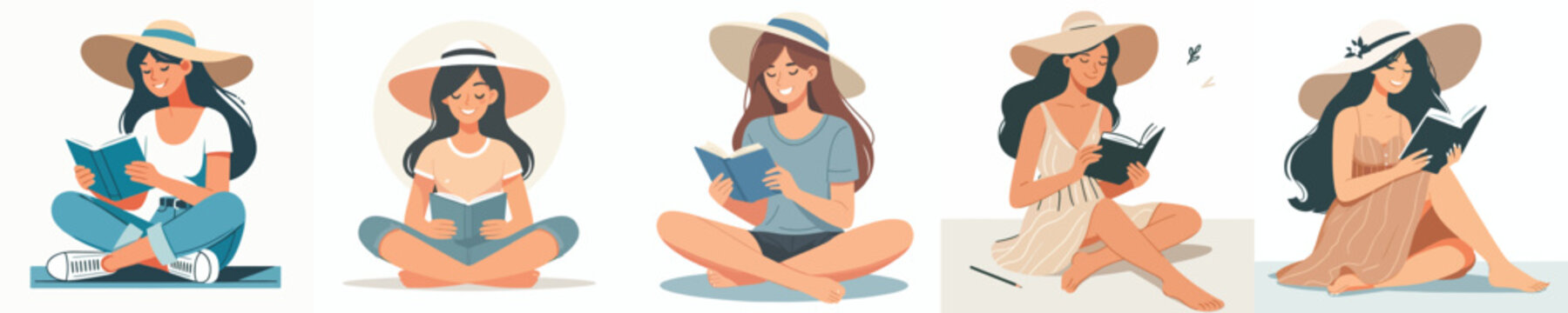 Flat vector illustration of a happy woman sitting on the floor reading a book, wearing a summer outfit