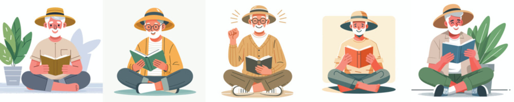 Flat vector illustration of a happy grandpa sitting on the floor reading a book, wearing a summer outfit