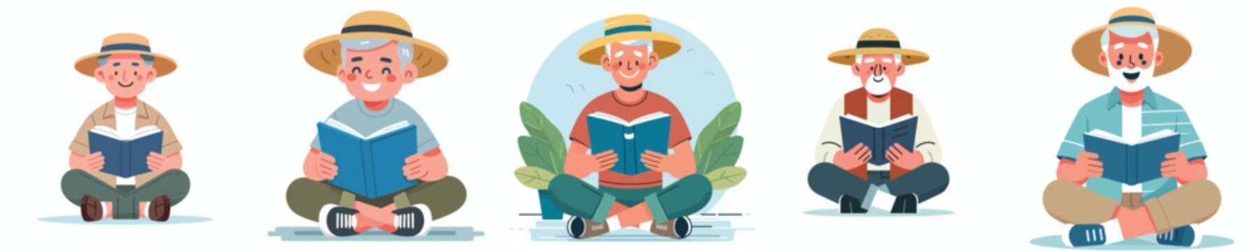 Flat vector illustration of a happy grandpa sitting on the floor reading a book, wearing a summer outfit