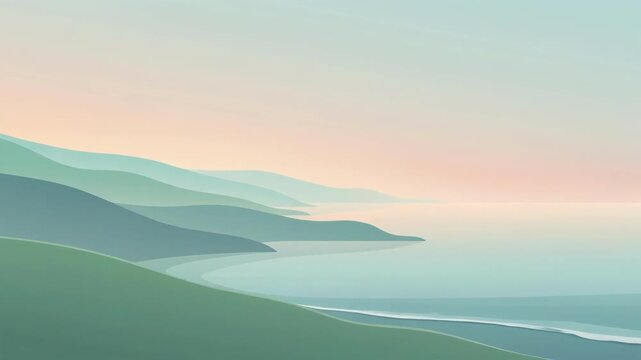 Minimalist abstract landscape with layered hills and calm water