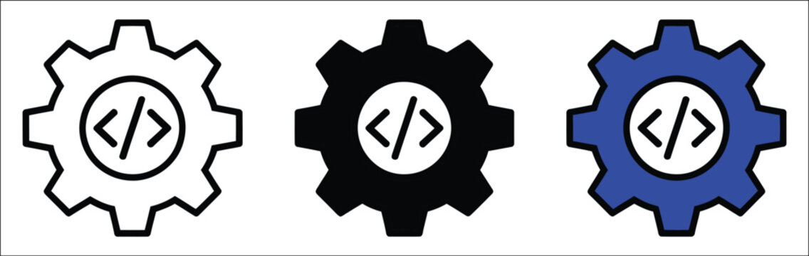 Programming and development icons collection, modern technology logos for computer engineering, website maintenance, app support, coding, software engineering, UI symbols, minimalist flat vector.