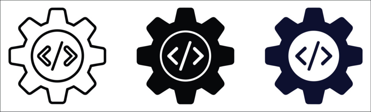 Programming and development icons collection, modern technology logos for computer engineering, website maintenance, app support, coding, software engineering, UI symbols, minimalist flat vector.
