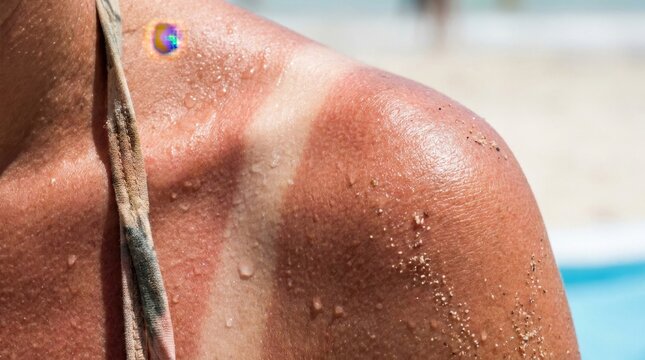 Close up of a painful sunburn on a woman shoulder with bikini tan lines and sand grains after a long day at the beach under harmful ultraviolet rays. Dermatology, health and summer skincare concept