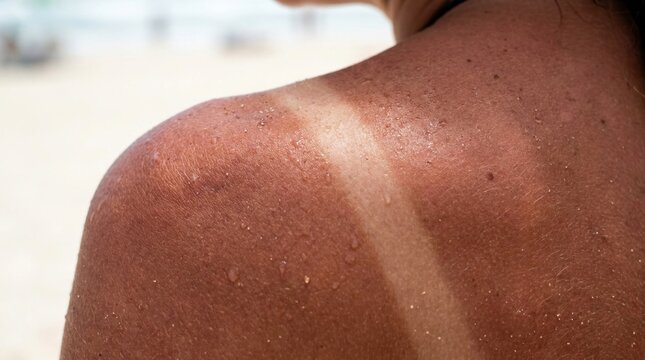 Close up of a sunburned human shoulder and back with a visible tan line after sunbathing at the beach, showing red inflamed skin, UV damage, water drops, and sand particles on vacation outdoors.