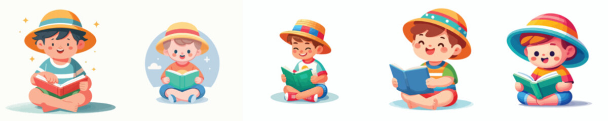 Flat vector illustration of a happy little boy sitting on the floor reading a book, wearing a summer outfit