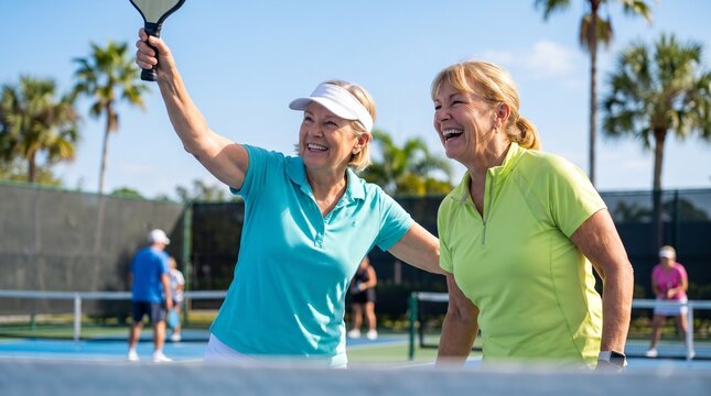 Senior women celebrating pickleball point outdoors