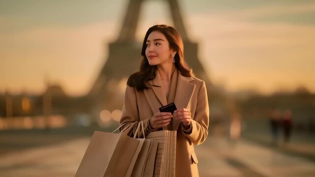 Paris, France, Europe. A portrait of a woman standing in front of the Eiffel Tower at sunset. She wears a beige coat and carries several shopping bags. She holds a black credit card in her right hand.
