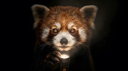 Obraz premium Red panda face emerging from the dark night