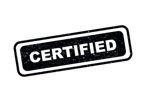 Black certified rubber stamp seal icon with a distressed grunge texture effect isolated on transparent background