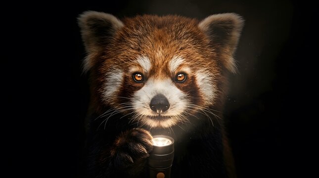 Red panda face emerging from the dark night