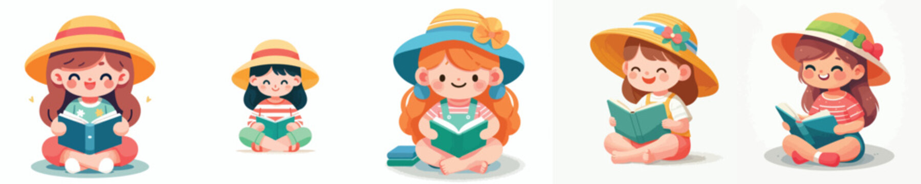 Flat vector illustration of a happy little girl sitting on the floor reading a book, wearing a summer outfit