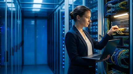 Fototapeta premium IT professional working in a dark server room