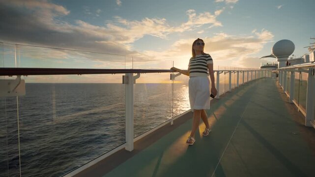 Woman in striped shirt and white shorts strolls along modern cruise ship deck at sunset, golden light reflecting on calm ocean waters.