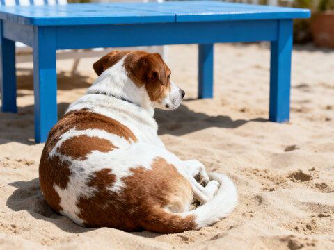 A brown and white dog lies curled on a sandy surface, facing away from the camera. Its fur has a patchy pattern of brown and white markings. 