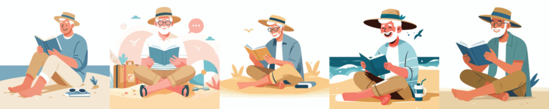 Flat vector illustration of a happy grandpa sitting on the sand beach reading a book in summer vibes