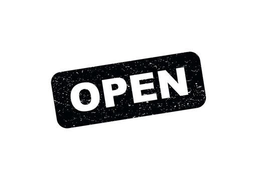 Black grunge rubber stamp with the word open inside a rectangular frame design isolated on transparent background
