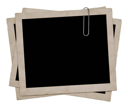 vintage photo frame mockup stack with textured paper borders and shiny paper clip isolated on transparent background