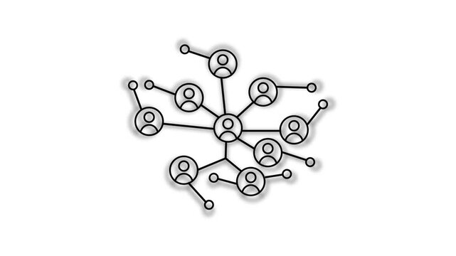 black animated social network icon. Network of connected people with peripheral circle nodes, ideal for illustrating social networks, teamwork, connectivity, relationships, communication, technology.