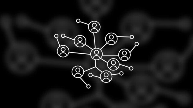 black animated social network icon. Network of connected people with peripheral circle nodes, ideal for illustrating social networks, teamwork, connectivity, relationships, communication, technology.