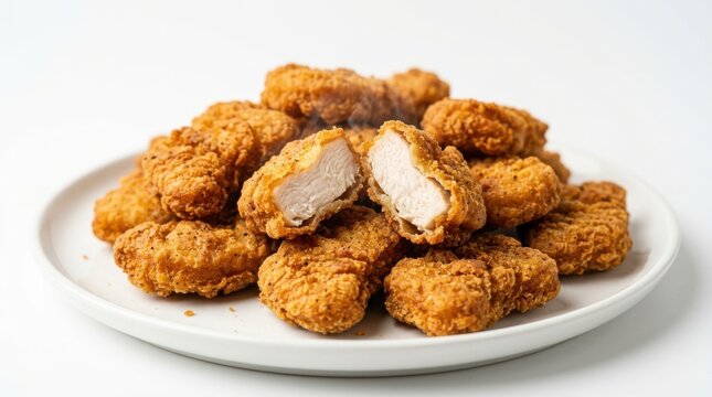 A pile of crispy golden fried chicken nuggets on a white plate isolated on white background