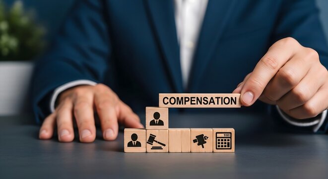Businessman arranging wooden blocks with compensation text and icons