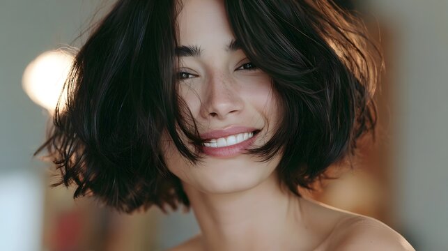 An elegant skincare beauty portrait of a young Asian woman with a short bob haircut, smiling naturally with her hand on her cheek against a bright white background, showcasing her clear skin