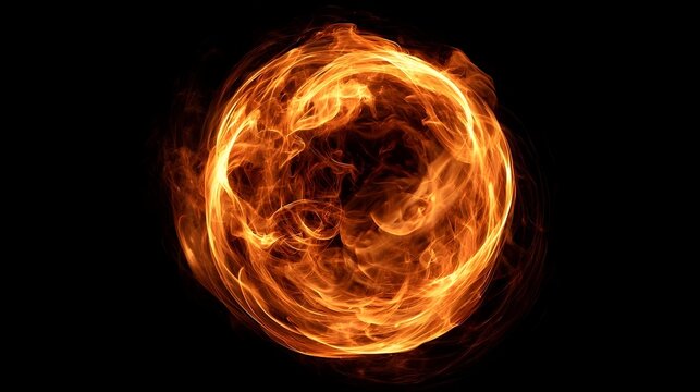 Abstract fire ball flame effect with orange swirls on dark backdrop
