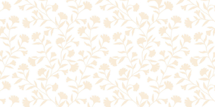 Seamless floral pattern silhouette flowers and branches on a white background.