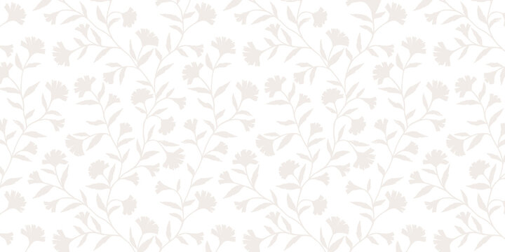 seamless floral pattern silhouette flowers and branches on a white background.