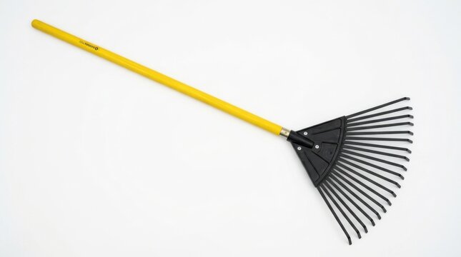 Yellow handled garden rake with black plastic tines isolated on white background