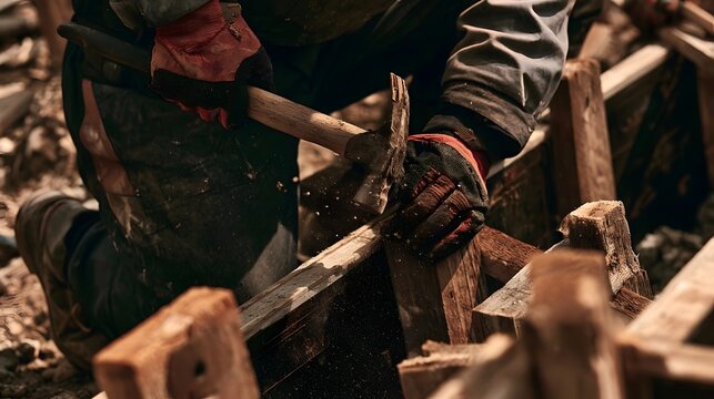 An image of a construction worker using a hammer to assemble wooden formwork at a construction site, depicting the preparation work before concrete pouring for a house foundation. Stock Illustration