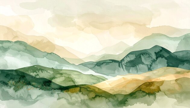 Abstract watercolor mountain landscape. Soft sage and oatmeal hand painted nature background.