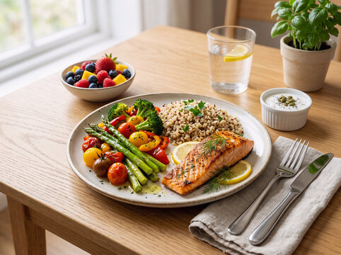 Nutritious grilled salmon served with vegetables and whole grains on a modern plate. Perfect for healthy eating, balanced nutrition, diet programs, and wellness campaigns