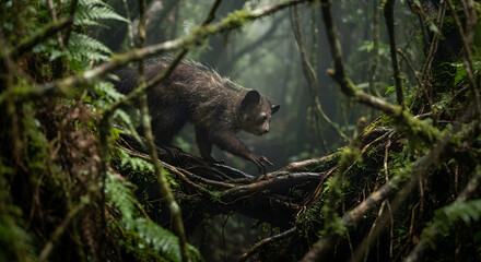 Fototapeta premium Ayeaye climbing on mossy tree branches in a dense, foggy tropical forest
