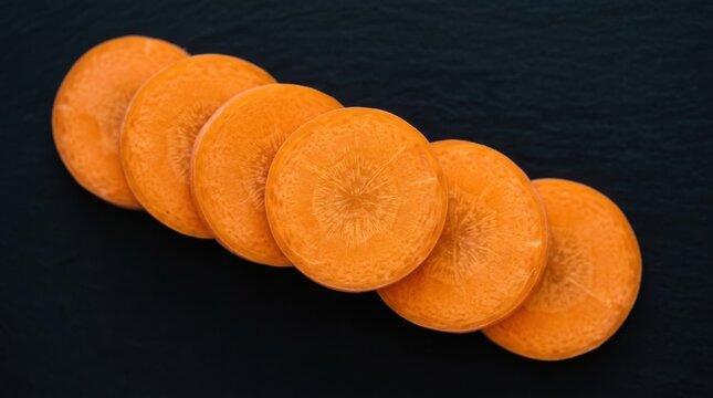Fresh sliced carrot rounds arranged in a row on a black slate background