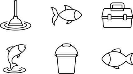 Minimalist fishing line art icon set featuring various fish characters tackle box bucket and bobber float symbols for outdoor recreation © Jannatun