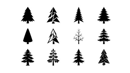 Obraz premium Set of twelve black silhouette pine trees and evergreen forest icons on white background