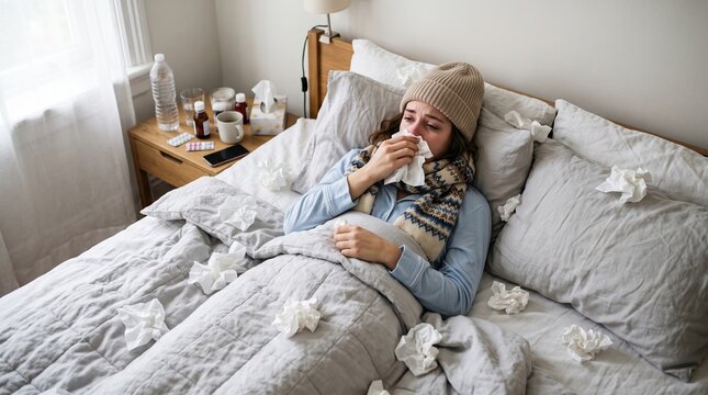 Sick woman wearing a winter hat and scarf feeling ill in bed with flu sickness infection healthcare influenza