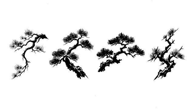 Set of four hand drawn pine tree silhouettes in traditional japanese ink wash painting style