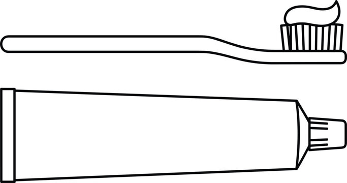 Simple black and white outline toothbrush with dollop paste beside a horizontal toothpaste squeeze tube vector icon
