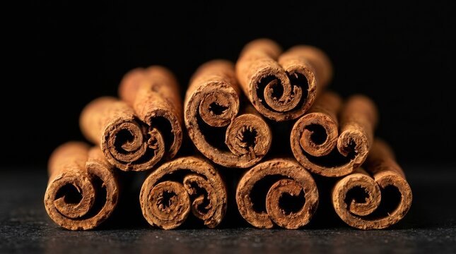 Cinnamon sticks stacked on a dark textured surface