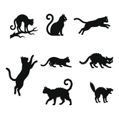 Obraz premium Set of black cat silhouettes in various poses including jumping sitting and walking isolated on white