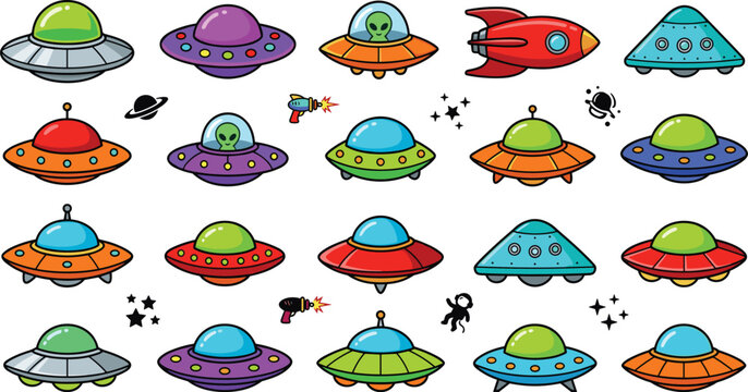 Cute Cartoon UFO and Spaceship Vector Icon Set with Alien Flying Saucers Rocket Ships Blaster Guns Planets and Stars for Outer Space Graphic Designs