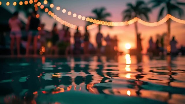 Summer hot vibe lifestyle. A vibrant, sunsetthemed photograph captures a serene scene at a poolside. A string of warm, glowing lights strung across the water, casting a golden hue over the scene.