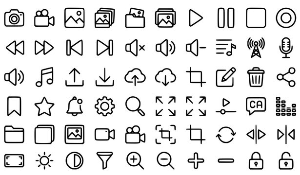Universal Multimedia User Interface Line Icons Set with Media Controls Navigation Communication File and System Symbols Vector Collection