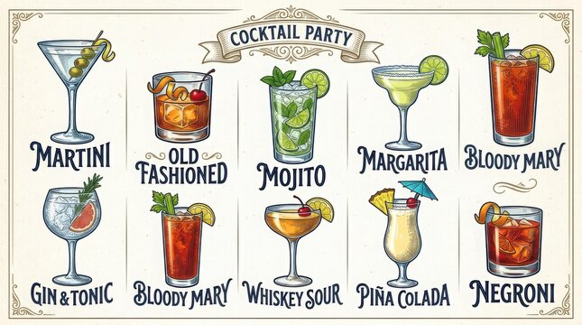 Hand drawn cocktail menu illustration. Vintage style alcoholic drinks and bar beverage set.