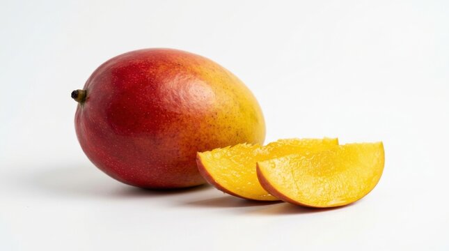 Fresh ripe mango fruit with two slices isolated on white background